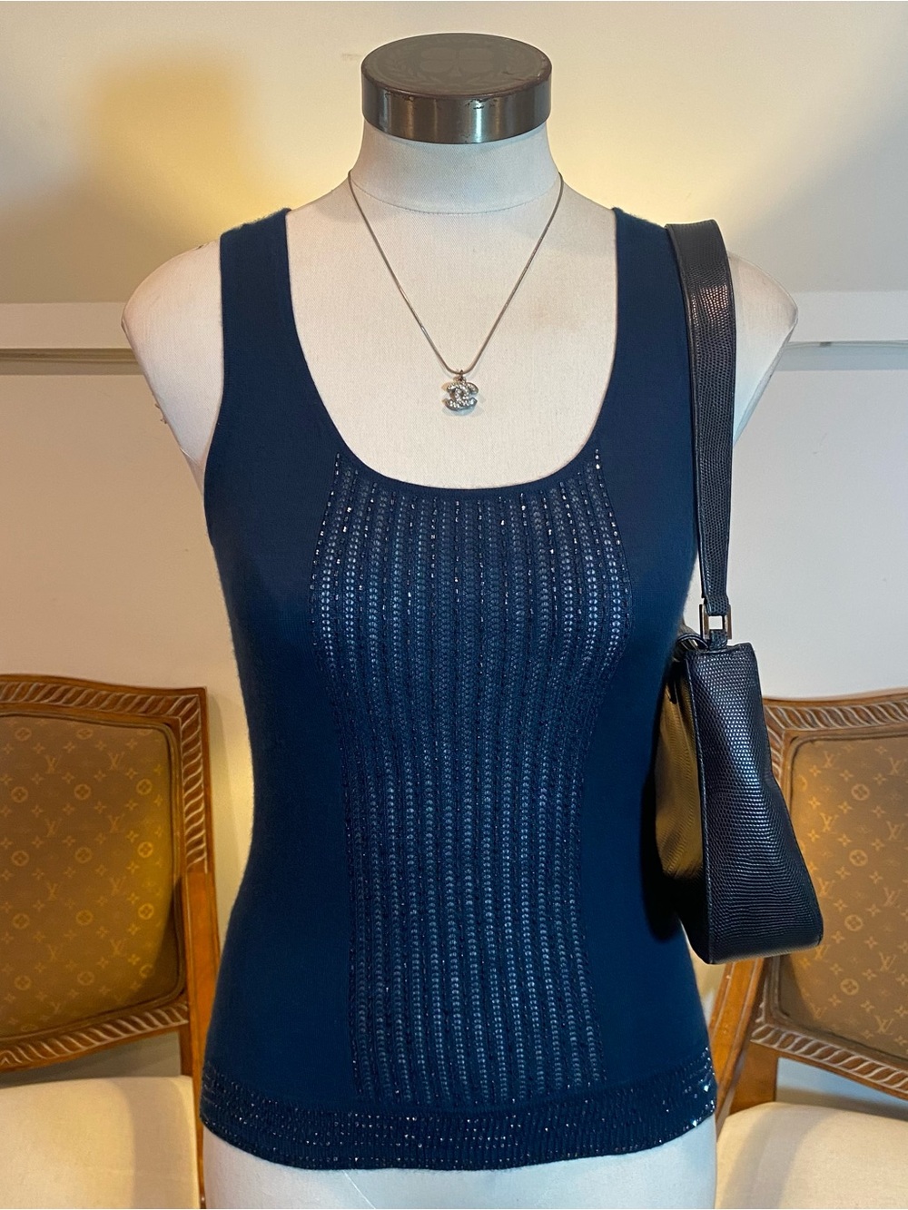 TSE Cashmere Blue Beaded Cashmere Ribbed Scoop Neck Tank Top Size S MSRP $485
